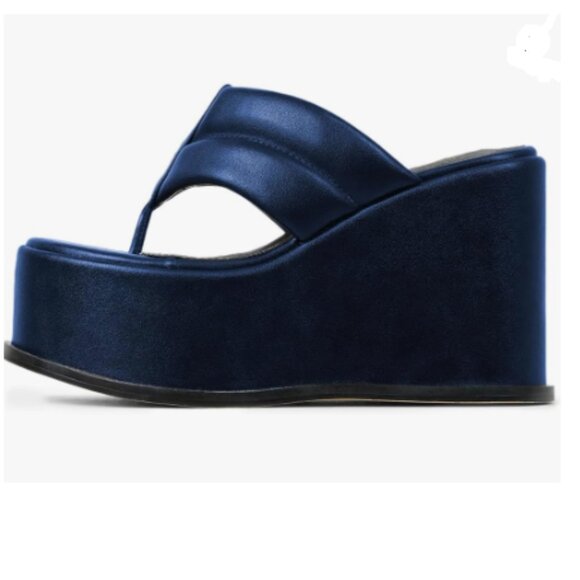 YDN Dark Blue Platform Mules Open Toe Slip On Sandals Wide Strap Flip Flop Shoes - Picture 1 of 8